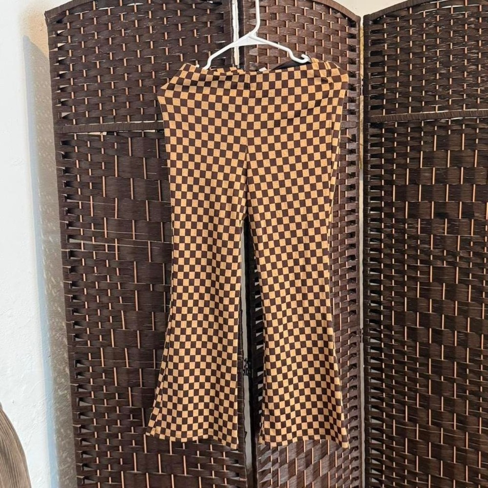 Women's Retro Brown + Cream Checkered Pattern Flare Leg Pants Size 5